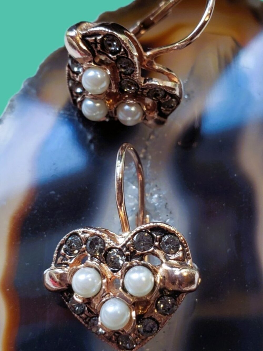 925 Italy Gold Vermeil Pearl & Crystal Accent Heart Leverback Earrings | Unworn